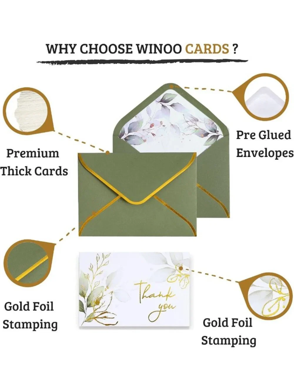 Luxurious Gold Thank You Cards - 100 Pack with Envelopes, Sage Green, Wedding